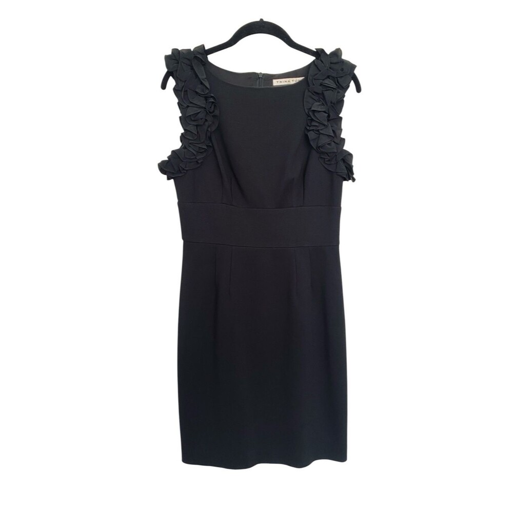 Trina Turk Mina Ruffle Ponte Sheath Dress Black Women’s 6 Cocktail LBD